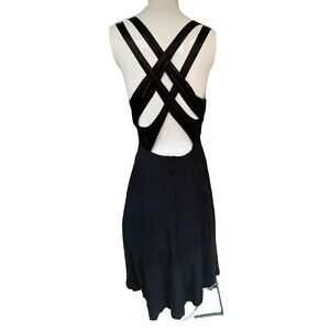 Vintage 90s YES Black Midi Backless Cocktail Dress Medium Crisscross Back Retro‎
